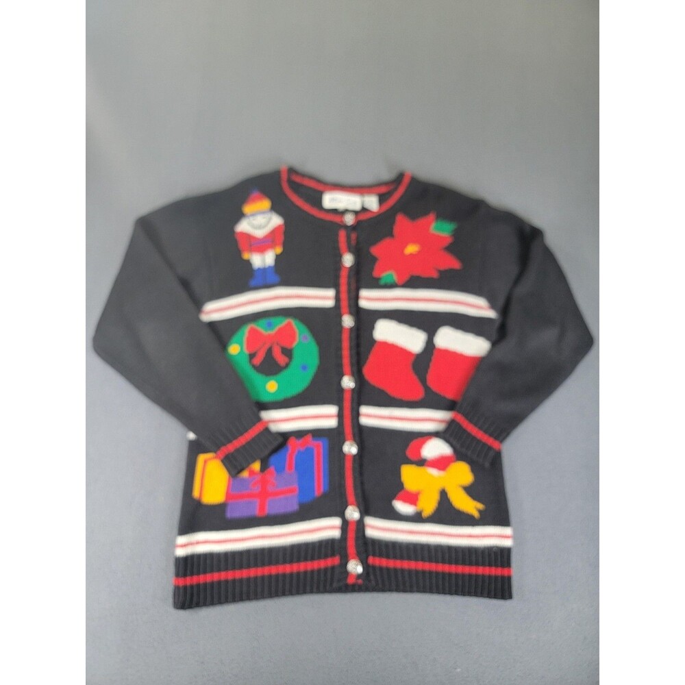 Vintage Allison Smith Sweater Womens Large Black Ugly Christmas Cardigan‎ 90s